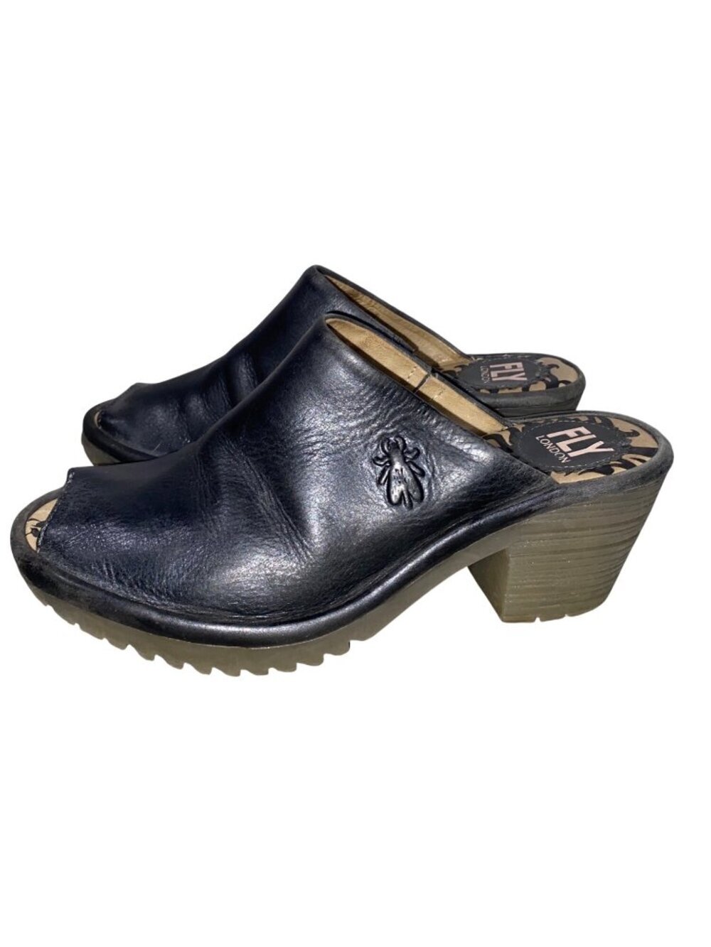 Fly London Black Leather Peep Toe Mules Women’s Size 35 With Embossed Fly Logo